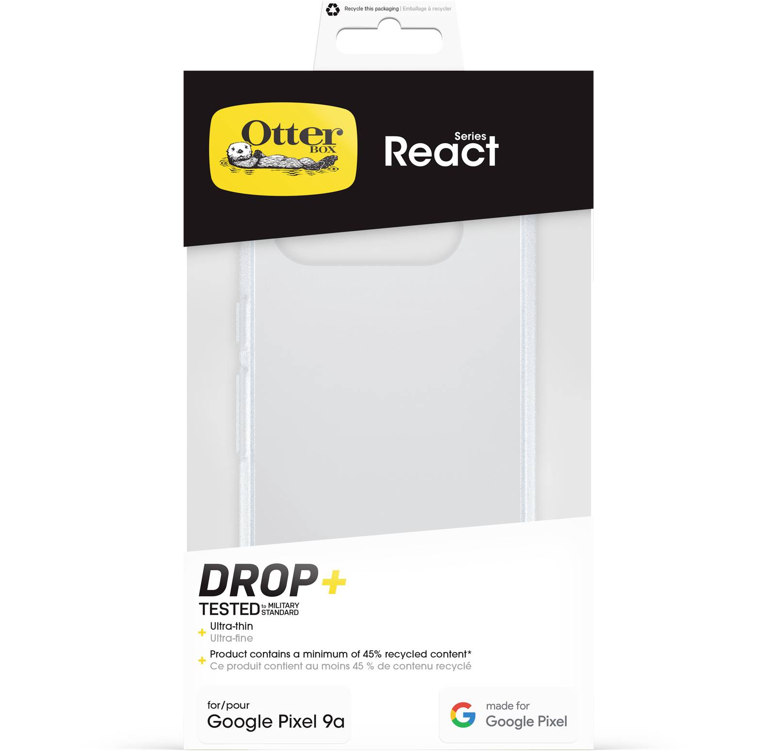 Verpackung einer Handyhülle für das Google Pixel 9a, Marke Otterbox, Serie React. Materialangabe: Mindestens 45% recycelter Inhalt.