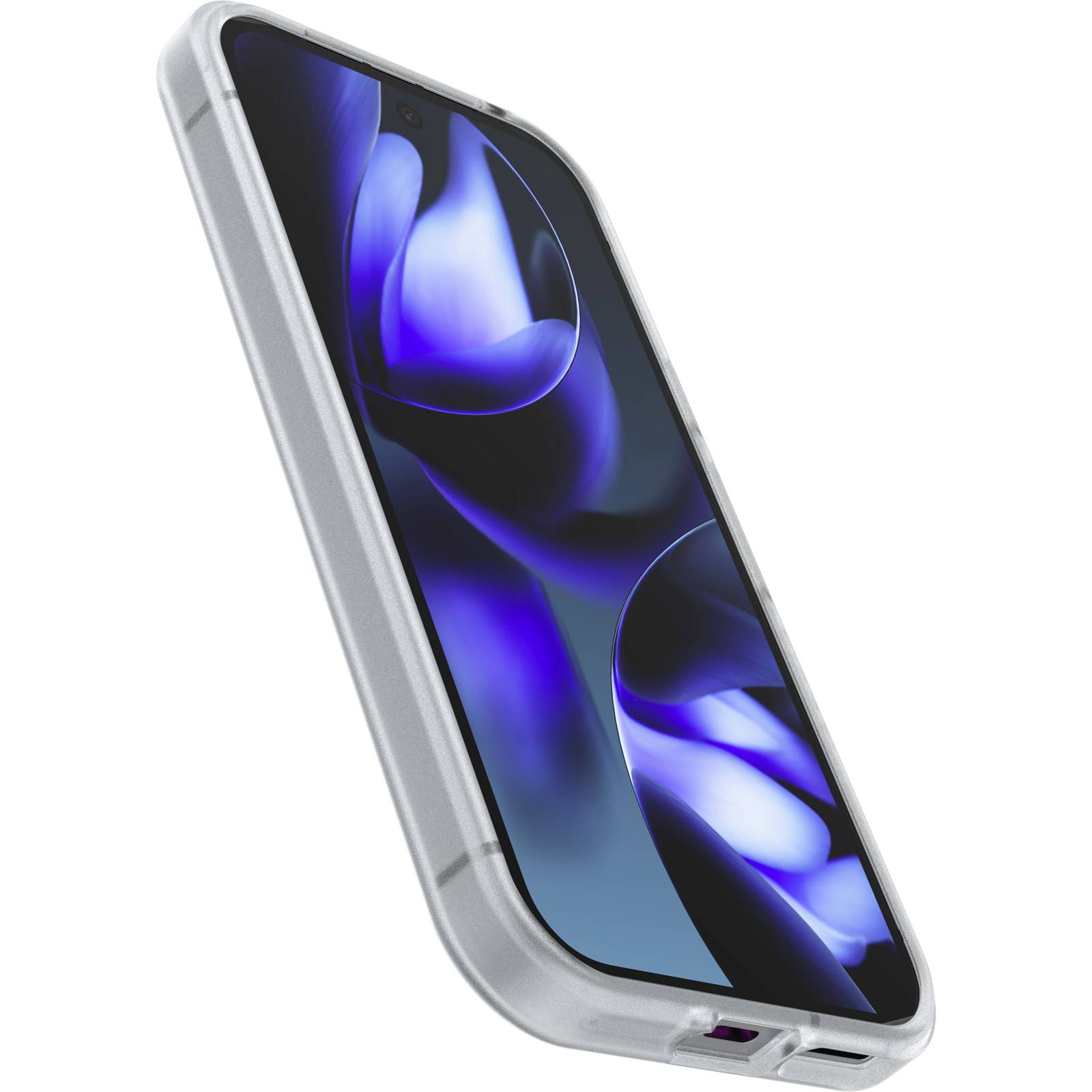 Ein modernes Smartphone mit einem blauen abstrakten Hintergrund auf dem Bildschirm. Es ist in einer robusten, grauen Hülle verpackt.