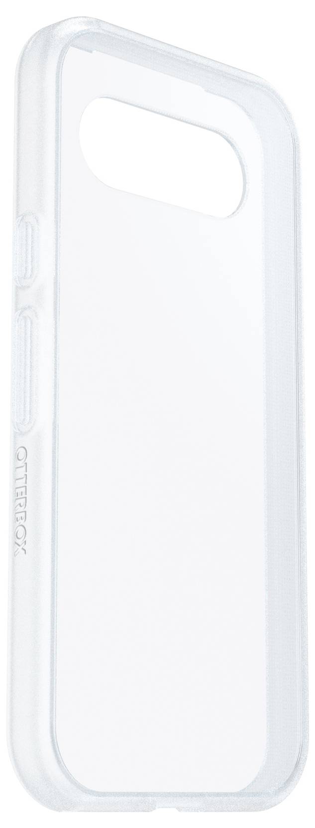 Ein transparentes Smartphone-Case mit weißem Rand, stehend in aufrechter Position.