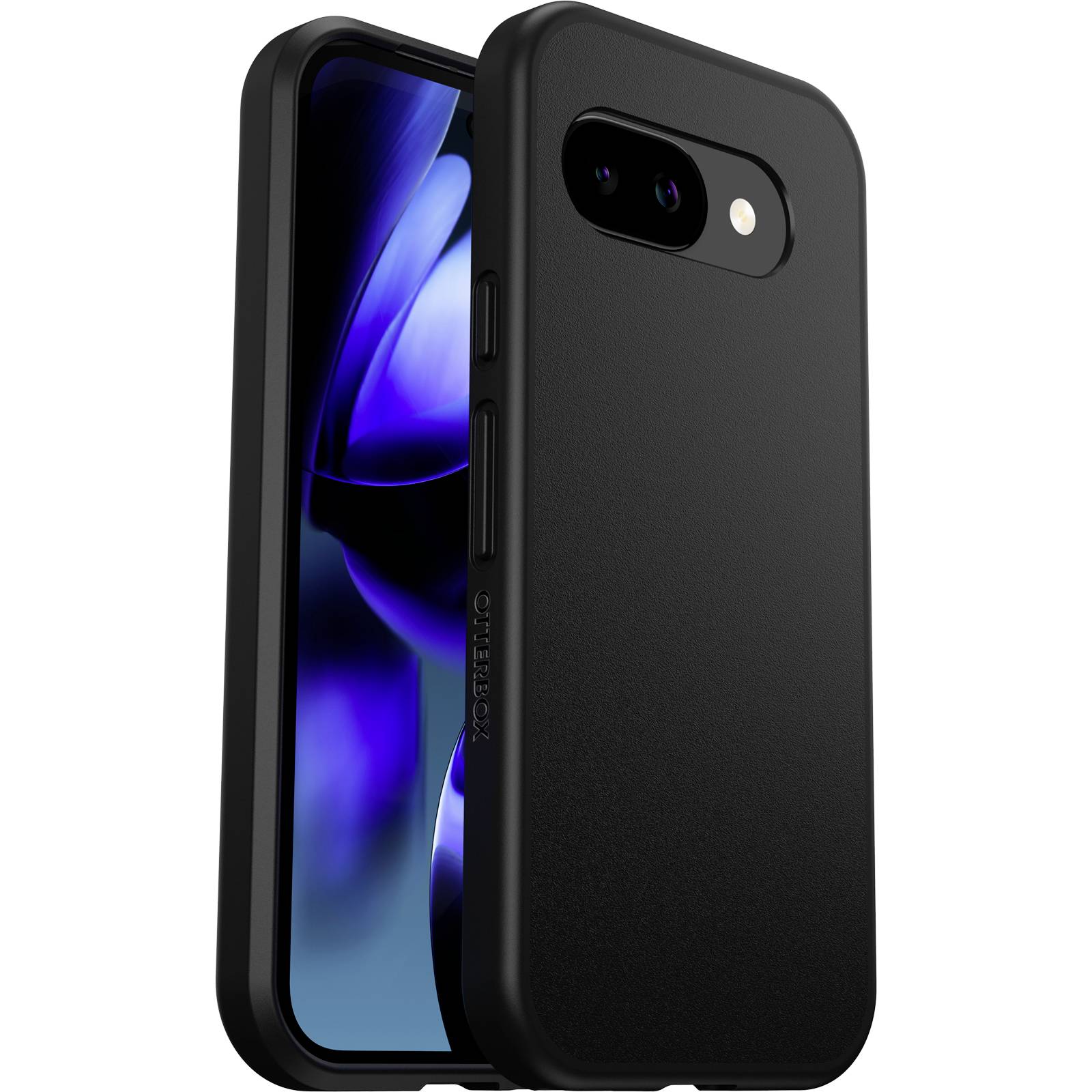 Ein Smartphone in einer robusten schwarzen Hülle, schräg von hinten betrachtet, zeigt das Display mit blauen Leuchtakzenten.