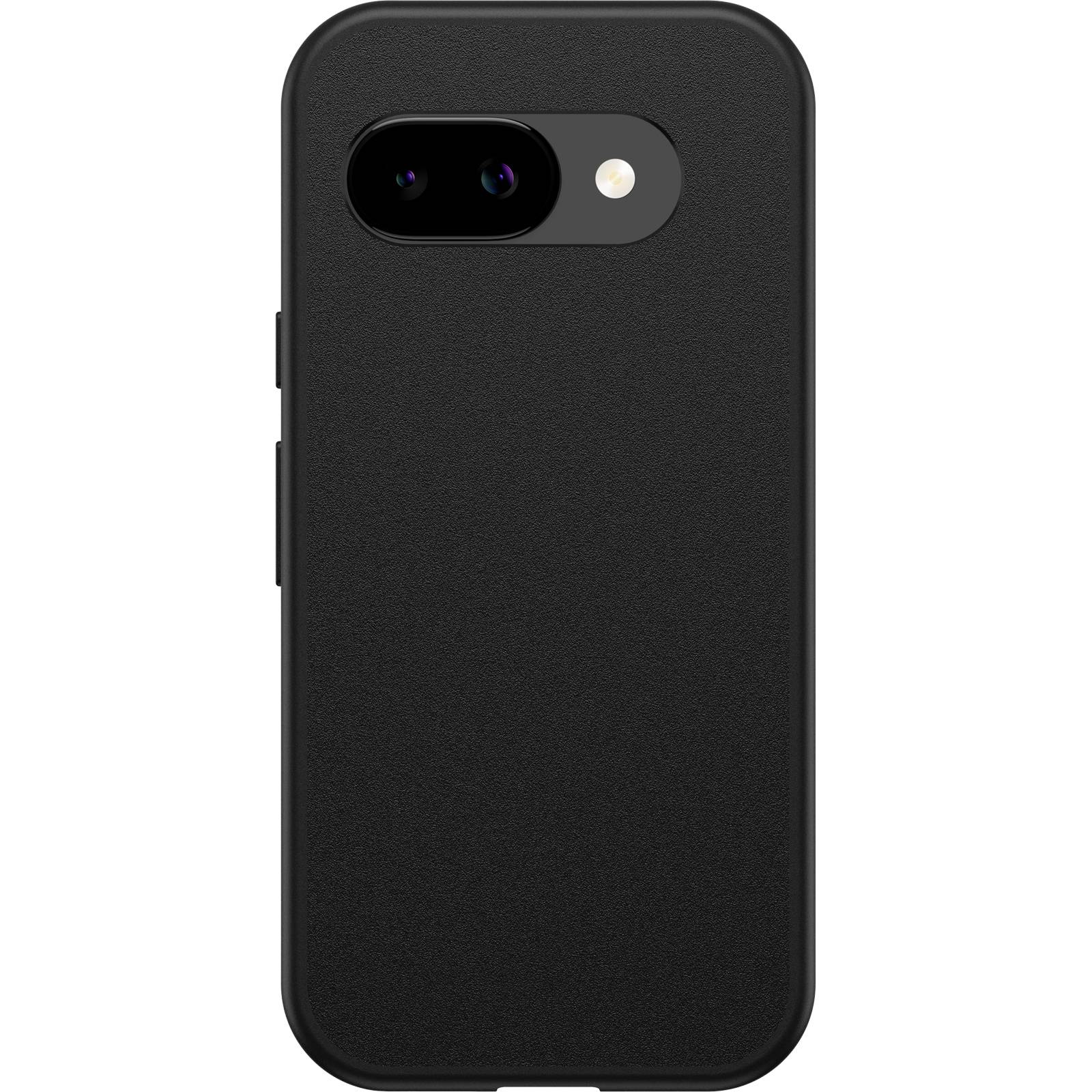 Ein schwarzes Smartphone mit zwei Kameralinsen und einem Blitz, Rückansicht.