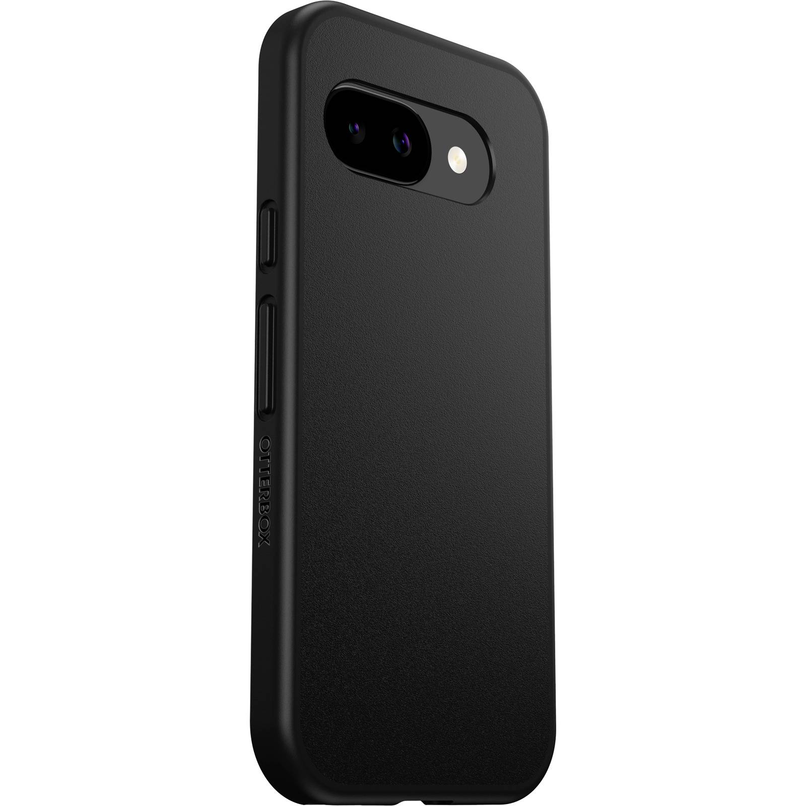 Ein schwarzes Smartphone in einer schützenden Hülle mit sichtbarer Kamera und Lautstärketasten an der Seite.