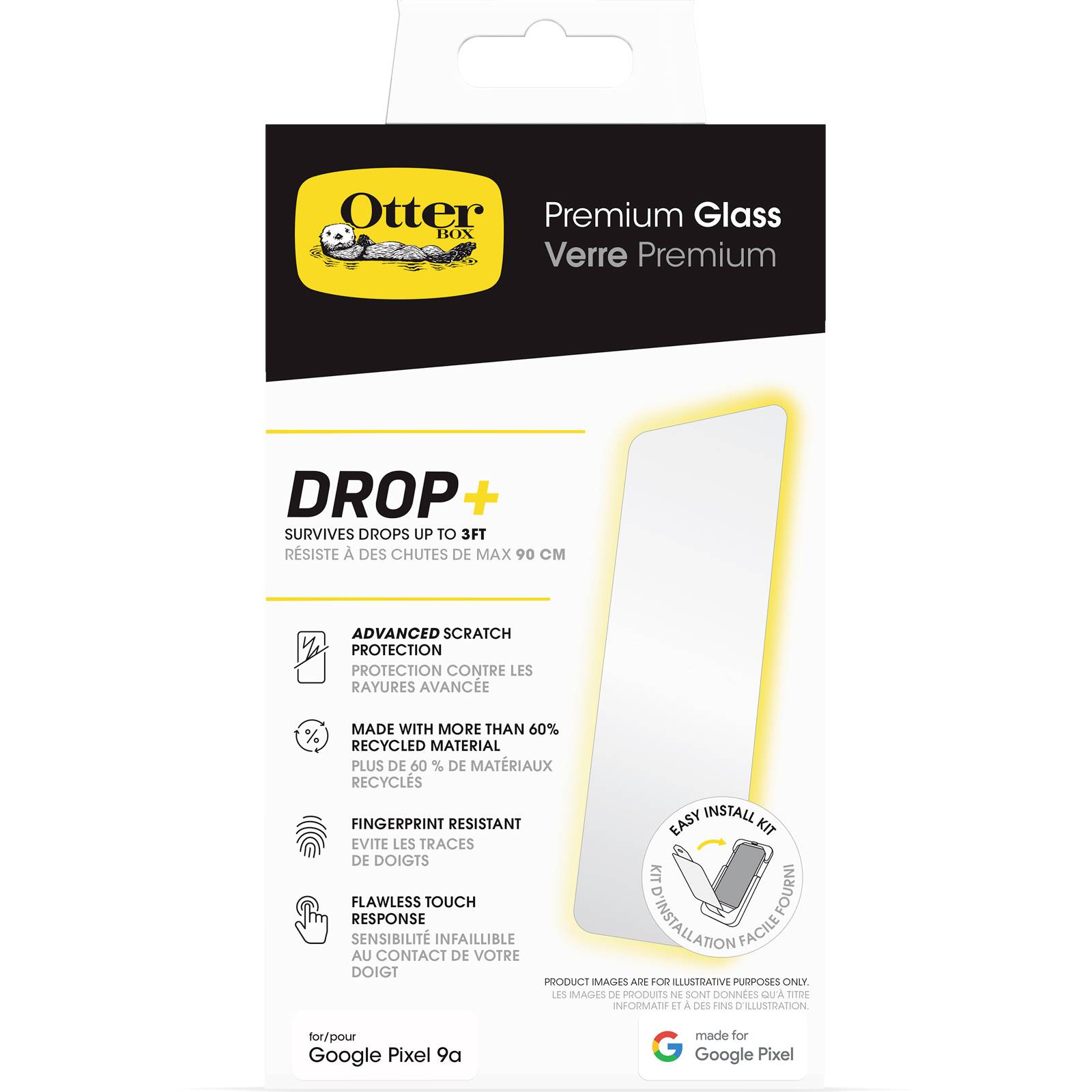 Verpackung eines Display-Schutzes für ein Google Pixel 9a von OtterBox. Enthält Hinweise wie 'Schutz bei Stürzen bis zu 90 cm'.