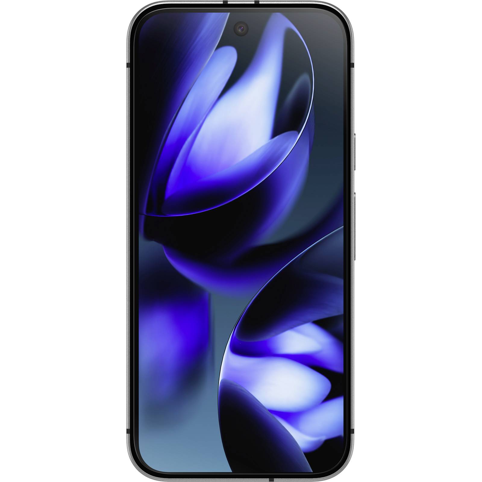Ein Smartphone mit schwarzem Rahmen zeigt auf dem Display blaue, abstrakte Blumenmotive.
