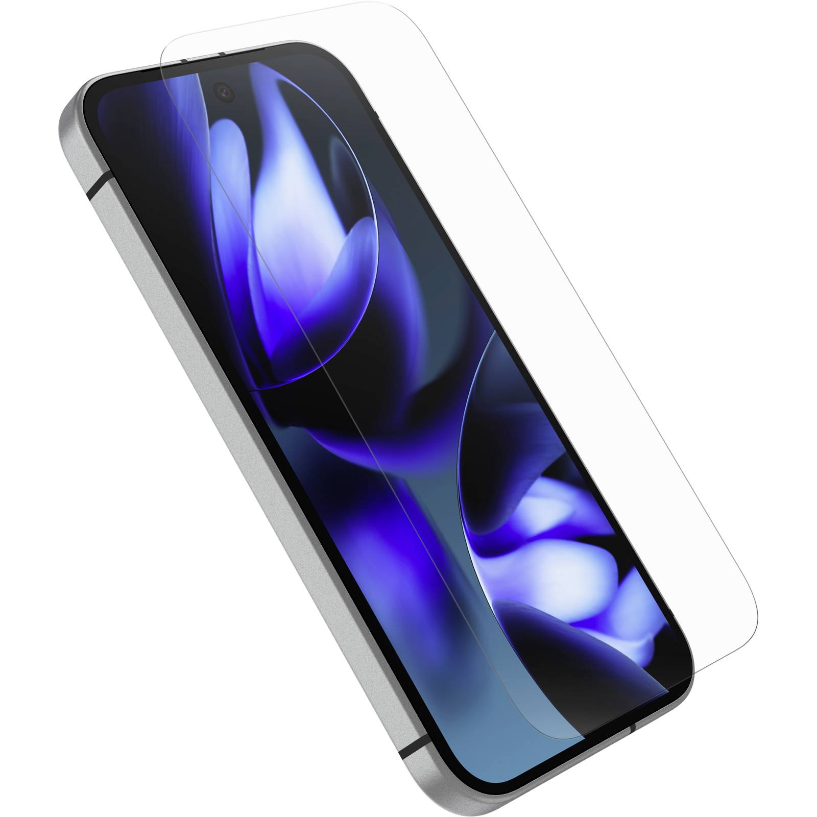 Ein Smartphone mit blauem Bildschirm, das von einem transparenten Displayschutz teilweise abgedeckt ist.