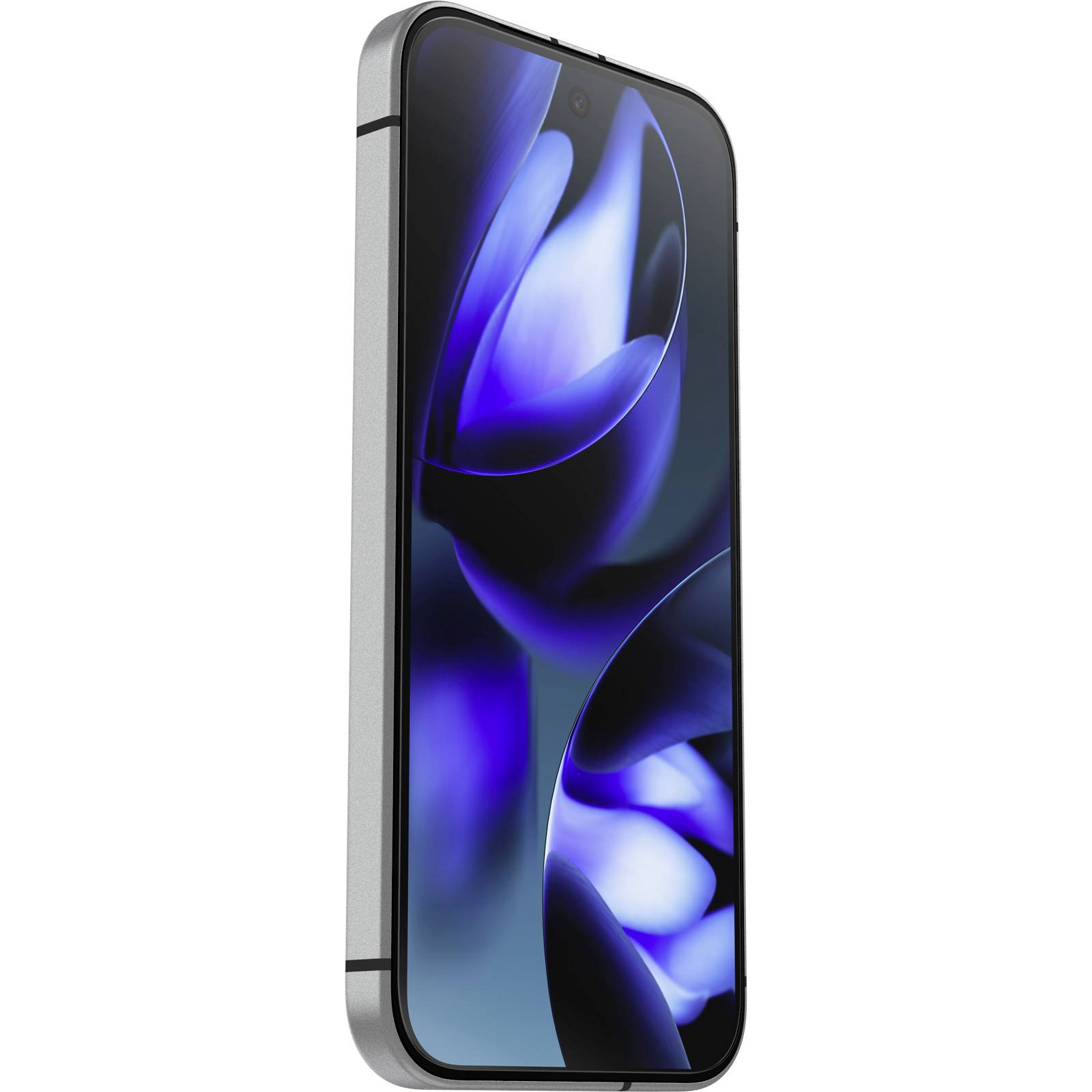 Ein modernes Smartphone mit silbernem Rahmen und blauem Display erscheint in seitlicher Ansicht. Das Display zeigt abstrakte blaue Formen.