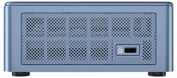 Ein kleiner, blauer Computer mit perforierter Frontansicht und einem USB-Anschluss rechts.