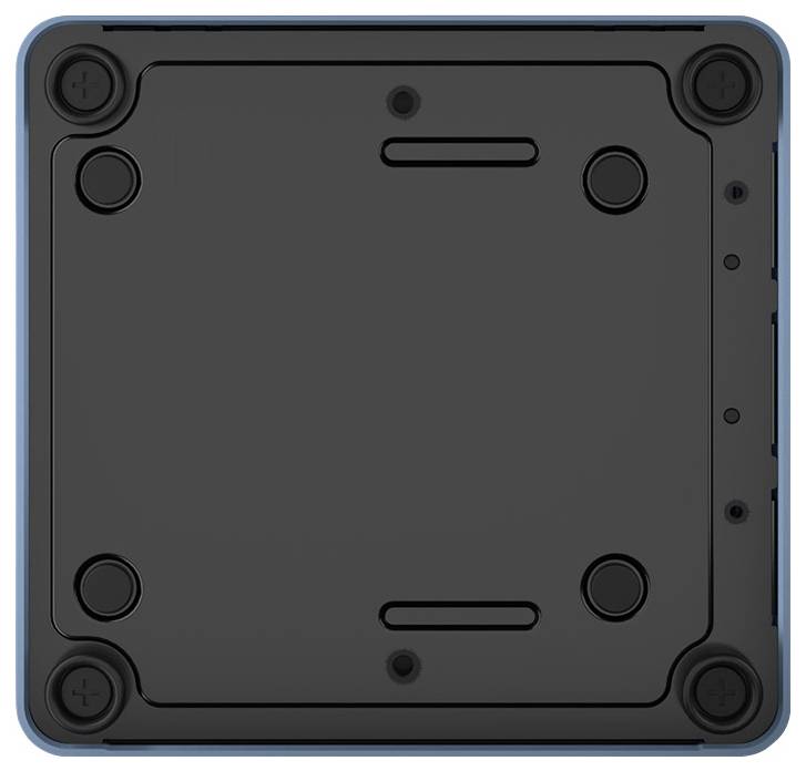 Rückseite eines elektronischen Geräts: schwarze quadratische Abdeckung mit abgerundeten Ecken und Schrauben an den Ecken.