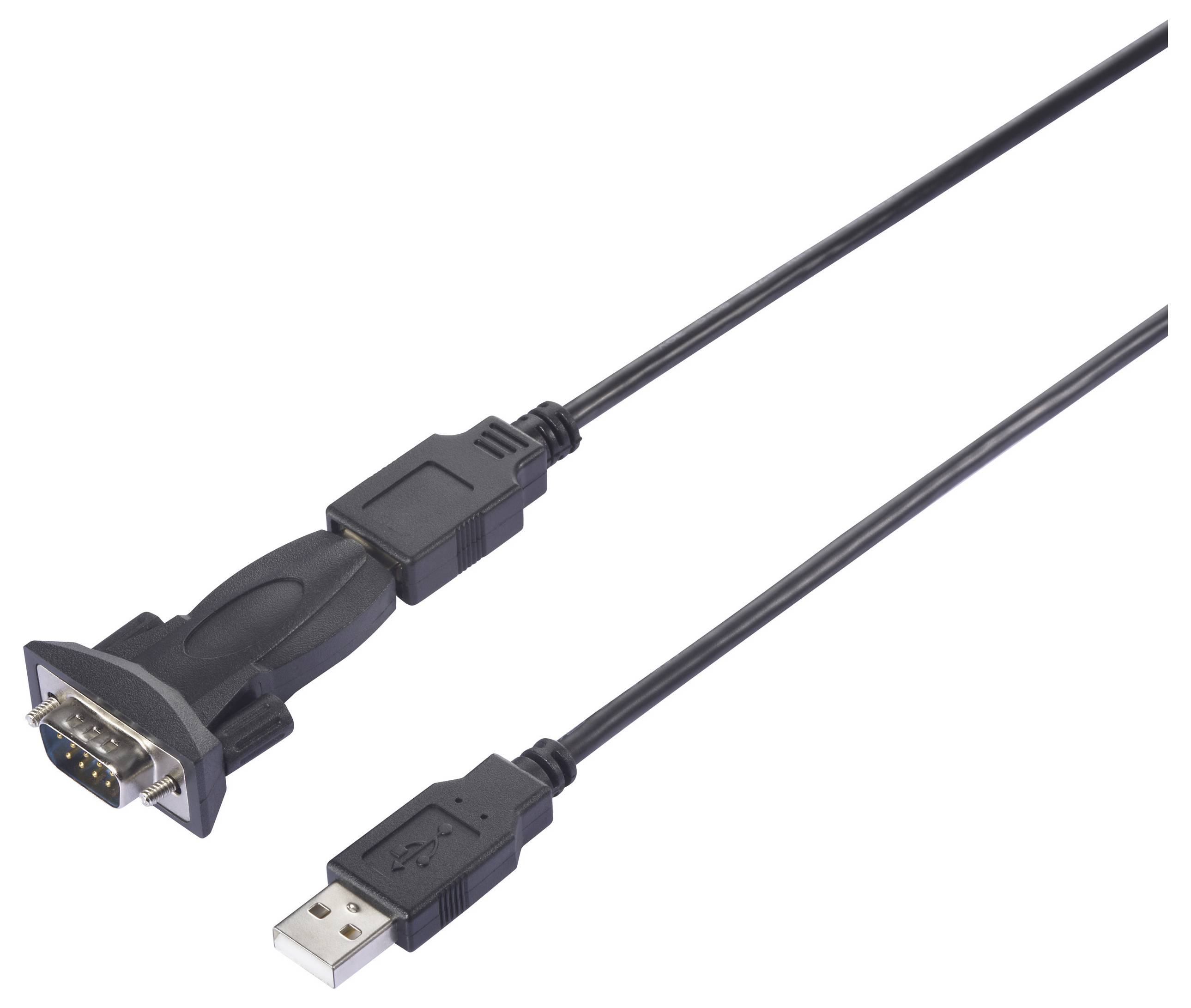 Ein schwarzes USB-zu-RS232-Kabel, das die Anschlüsse an beiden Enden zeigt, verwendet zum Verbinden von Geräten mit unterschiedlichen Anschlusstypen.