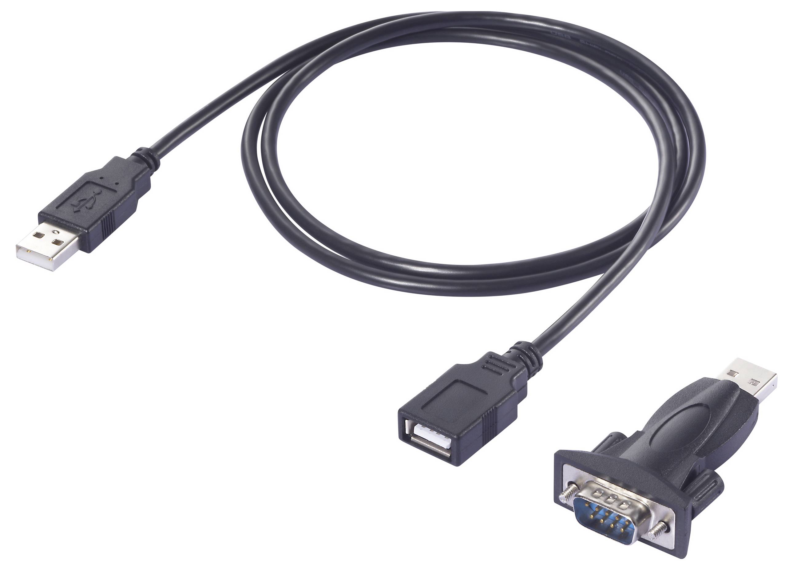 Ein schwarzes USB-zu-Seriell-Adapterkabel mit einem USB-Anschluss auf der einen und einem seriellen Anschlussverbinder auf der anderen Seite, verwendet für Geräteverbindungen.