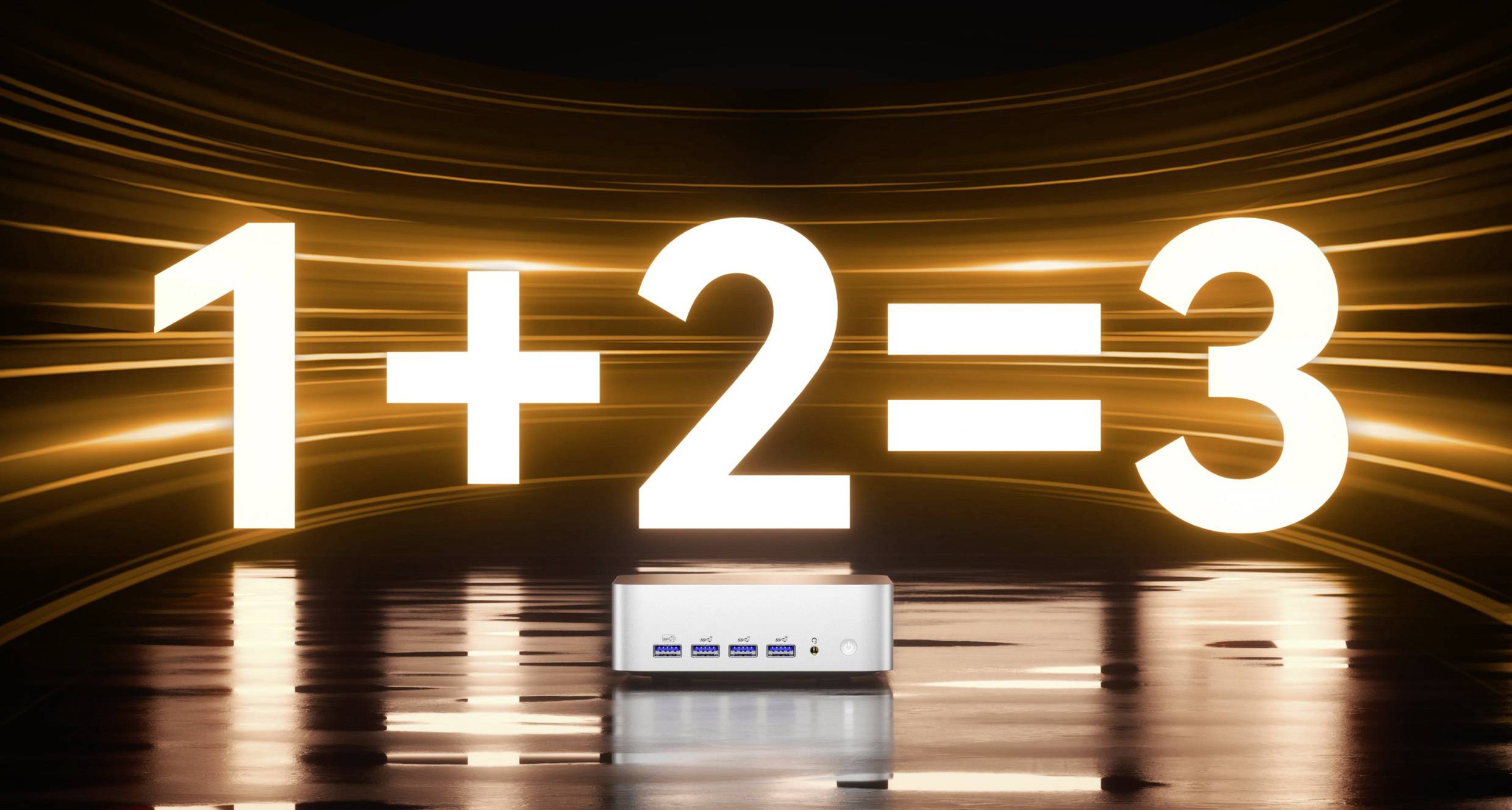 Eine Leuchtschrift zeigt '1+2=3' über einem kleinen Computer. Der Hintergrund ist mit orangefarbenen Lichtstrahlen dynamisch beleuchtet.