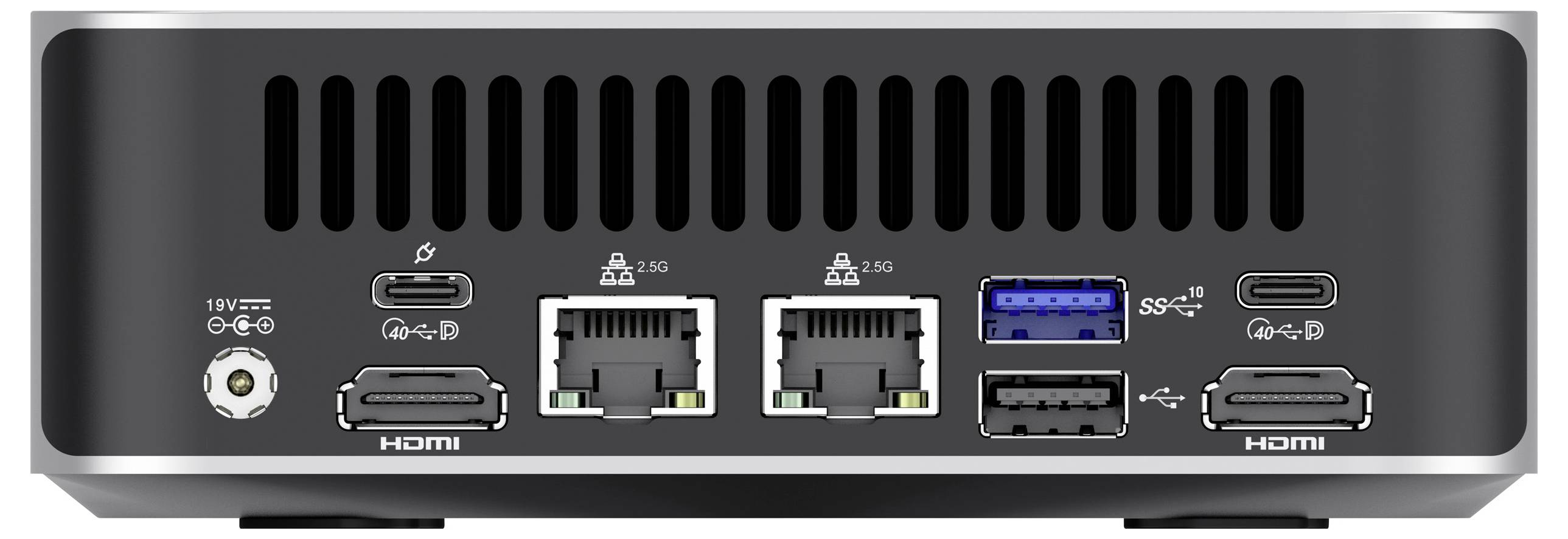 Die Rückseite eines schwarzen Mini-PCs zeigt verschiedene Anschlüsse: zwei HDMI-Anschlüsse, zwei Ethernet-Ports, mehrere USB-Ports und zwei USB-C-Anschlüsse.