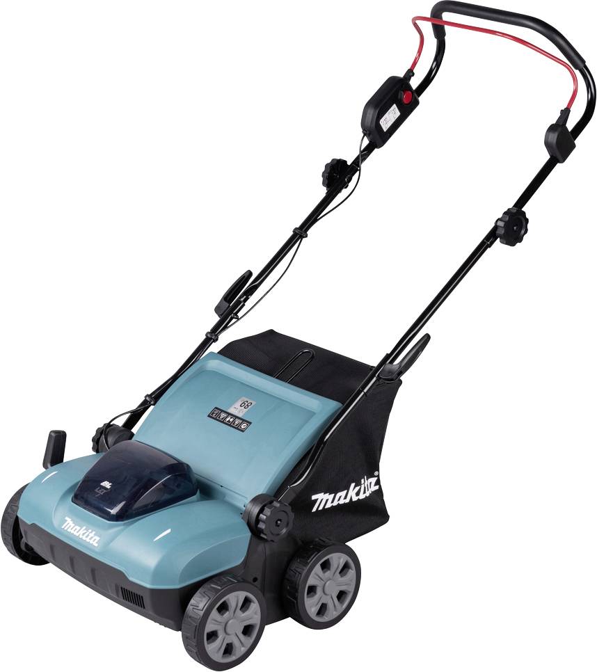 Elektrischer Rasenlüfter in Blau mit vier Rädern, Griff und Fangkorb, geeignet zur Rasenpflege und Moosentfernung.