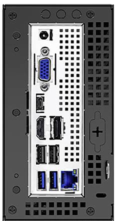 Rückseite eines Computer-Gehäuses mit verschiedenen Anschlüssen: VGA, HDMI, USB, Netzwerkanschluss und andere Schnittstellen.