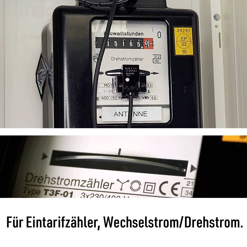 Ein Stromzähler mit Skala und Nadelanzeige. Beschriftet mit 'Für Eintarifzähler, Wechselstrom/Drehstrom'.