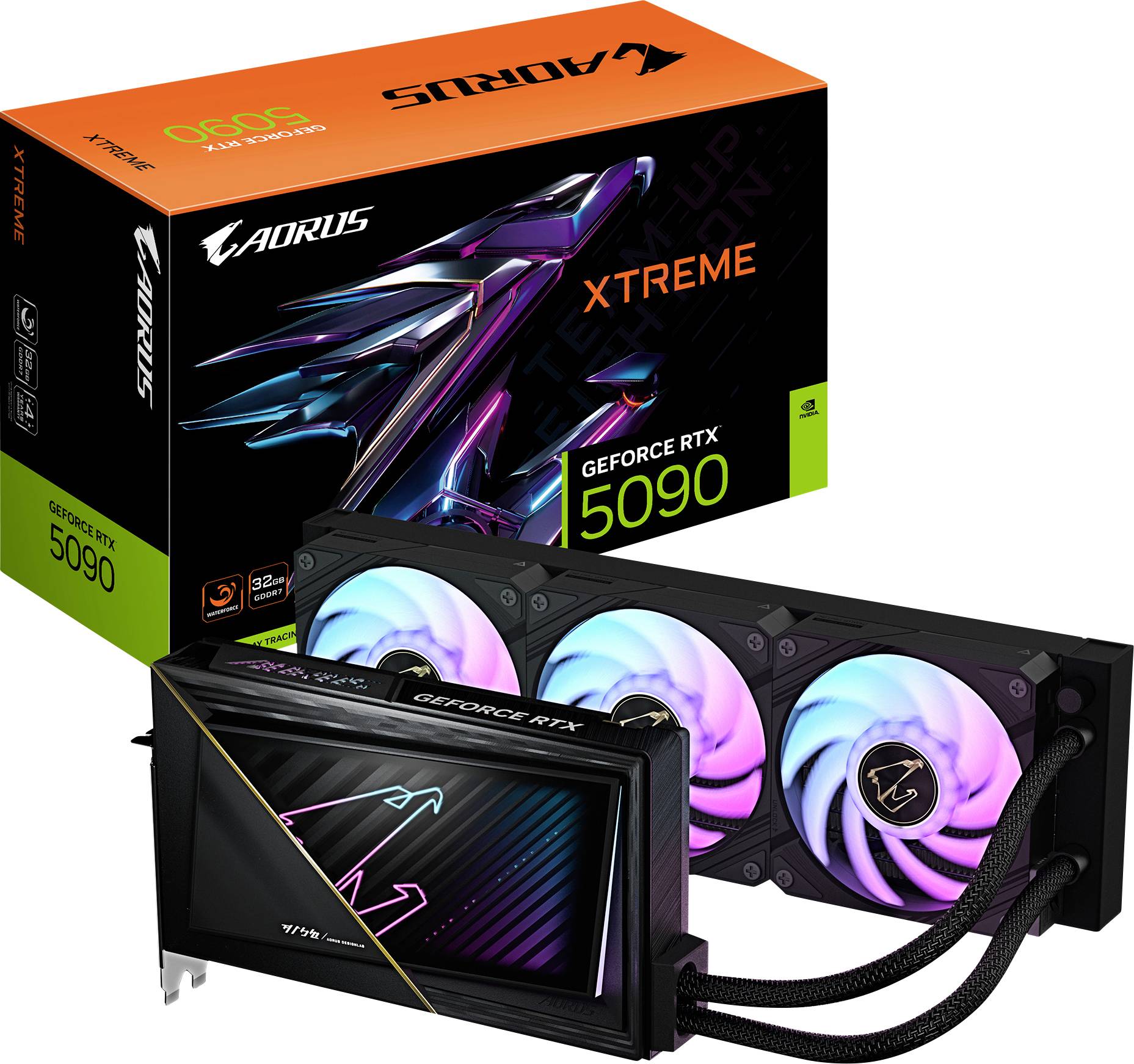 Grafikkarte AORUS GeForce RTX 5090 XTREME mit RGB-Beleuchtung und dreifach Lüfterdesign. Verpackung mit Produktname und Logo.