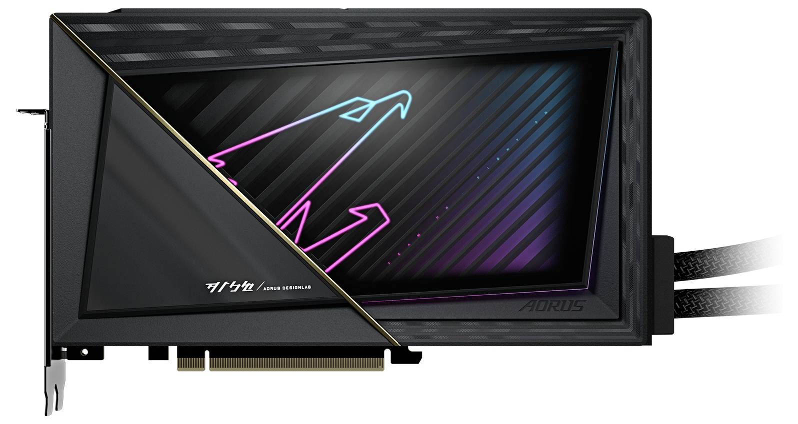 Grafikkarte mit RGB-Beleuchtung und AORUS-Logo, schwarzes Gehäuse, rechteckige Form, zwei Anschlusskabel an der rechten Seite.