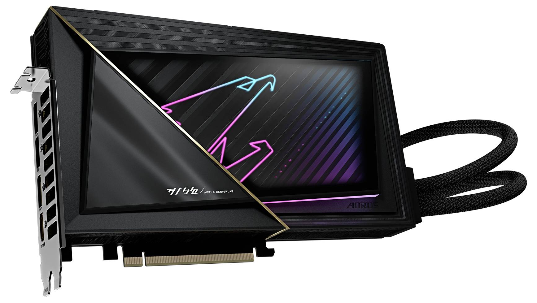 Eine moderne Computergrafikkarte mit Beleuchtung und Lüfter. Das Design betont Geschwindigkeit und Leistung.