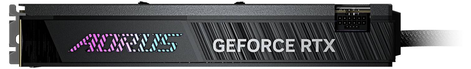 Grafikkarte 'AORUS GeForce RTX' mit RGB-Beleuchtung und schwarzen Akzenten, seitliche Ansicht.