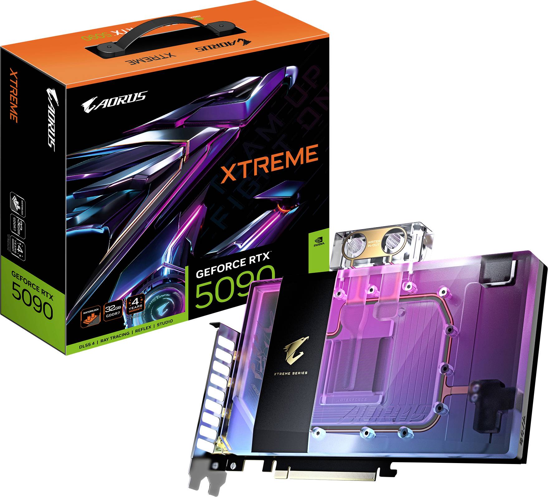 Grafikkarte 'AORUS GeForce RTX 5090 Xtreme' mit bunter RGB-Beleuchtung und Verpackung. Optimiert für hohe Leistung und Gaming.
