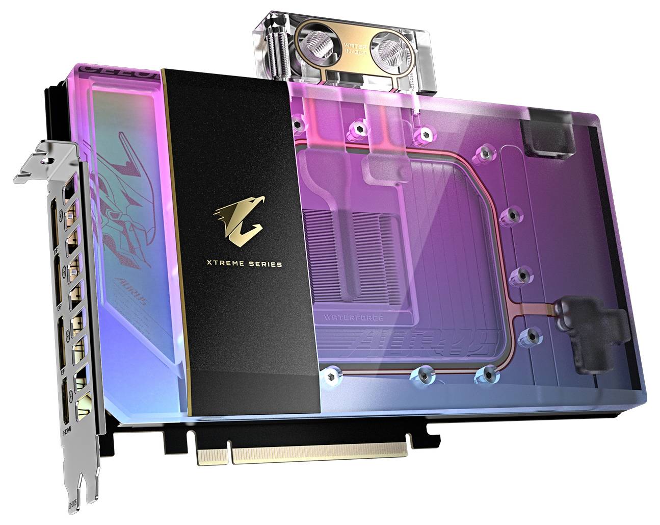 Wasserkühlblock-Grafikkarte mit RGB-Beleuchtung, mehrere Ausgänge, schwarzes Gehäuse mit goldfarbenem Logo der Serie 'Xtreme'.