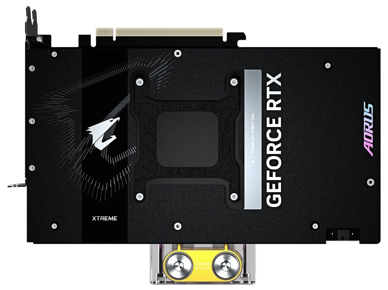 Grafikkarte der Marke 'Aorus' mit Aufschrift 'GeForce RTX', auffälliges Design mit Logos, geeignet für High-End-Gaming-PCs.