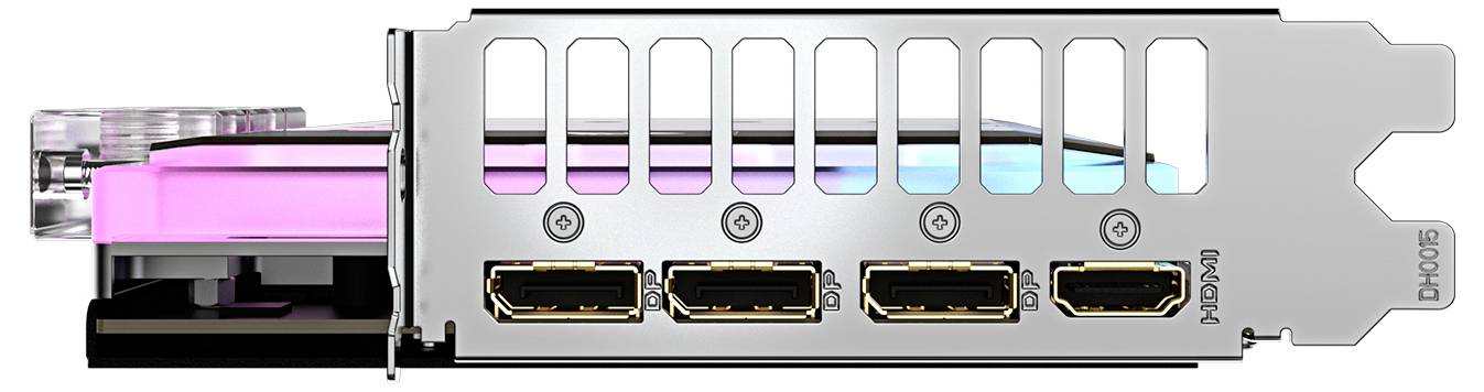 Rückseite einer Grafikkarte mit vier Display-Anschlüssen: drei DisplayPort und ein HDMI.