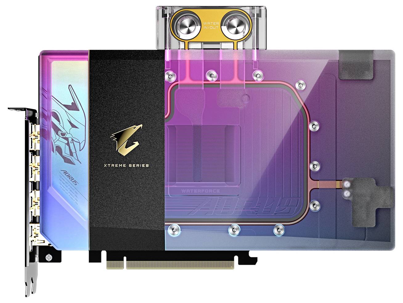 Eine Grafikkarte mit einem transparenten Kühlkörper, darunter sichtbar Metallkomponenten. Links das Logo eines Adlers mit 'Xtreme Series'.