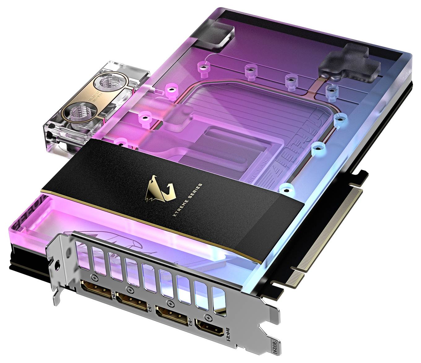 Grafikkarte mit transparentem Kühlblock und RGB-Beleuchtung, entwickelt für PC-Gaming. Anschlussports vorne sicht.