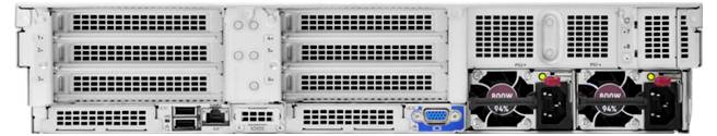 Rückansicht eines Servergehäuses mit Lüftern, Stromanschlüssen und Netzwerkanschlüssen, geeignet für technische Hardware-Installationen.
