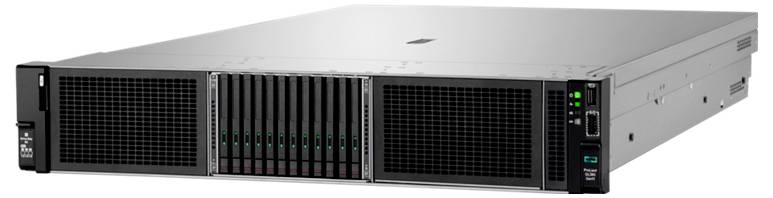 Ein Server mit einem silbernen Gehäuse, Lüftungsgittern auf der Vorderseite und mehreren Statusleuchten auf der rechten Seite.