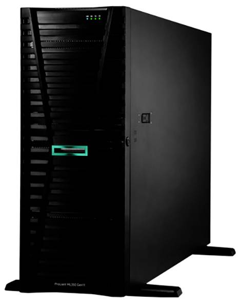 Großer schwarzer Computer-Server-Schrank mit leuchtendem Kontrollpanel an der Vorderseite, stehend auf Bodenstützen in einem Raum.