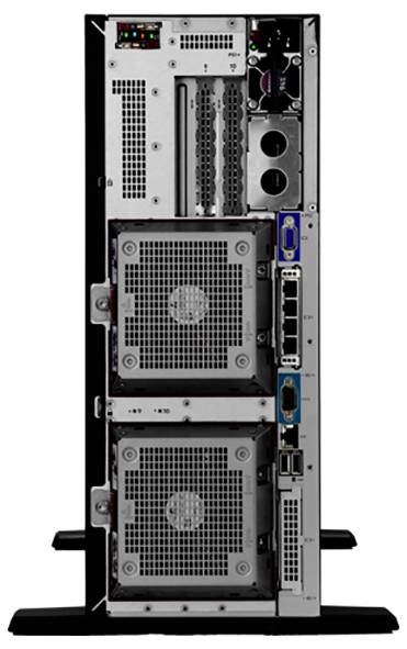 Ein Server-Rack von hinten mit gestapelten Lüftern, mehreren Anschlüssen und einem Netzteil.