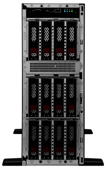 Ein grauer Server mit mehreren Einschüben und Lüftungsschlitzen in einem schwarzen Gehäuse, eingeschaltet mit grünen Statusleuchten.
