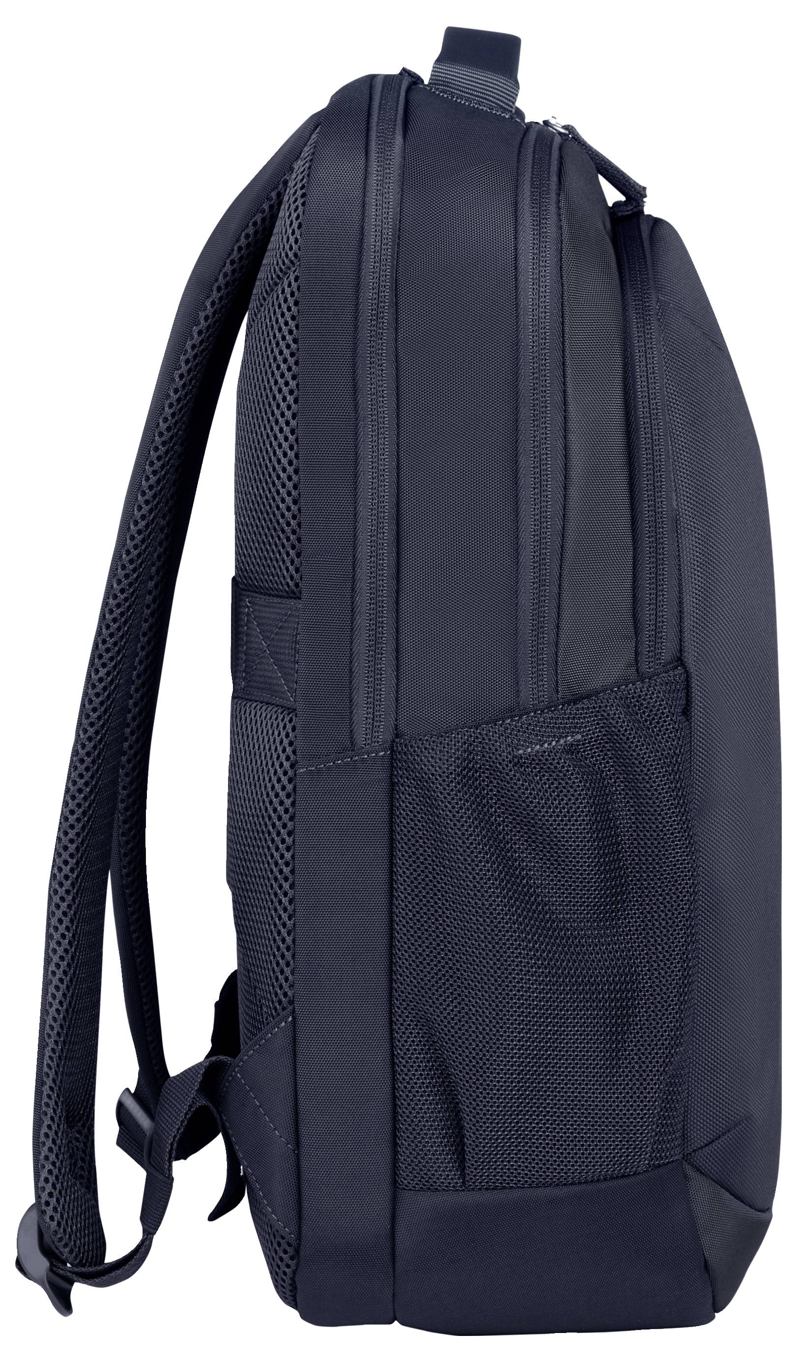 Schwarzer Rucksack, seitlich aufgenommen, mit gepolsterten Trägern und Netzseitentaschen.
