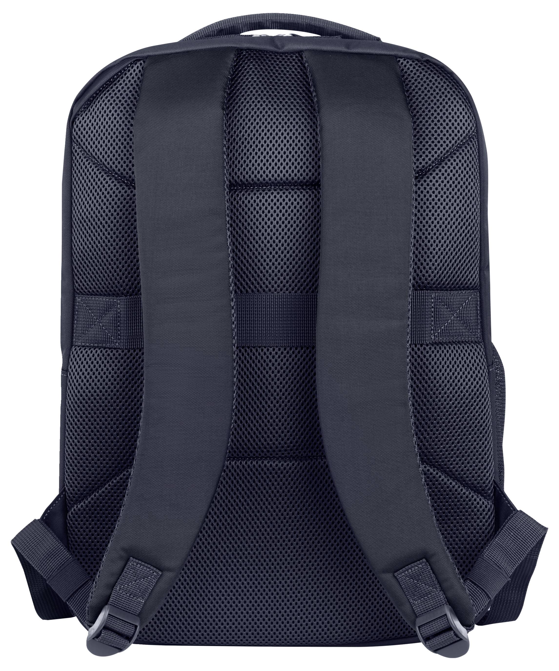 Ein schwarzer Rucksack von hinten, mit gepolsterten, verstellbaren Schultergurten und einem atmungsaktiven Netzrücken.