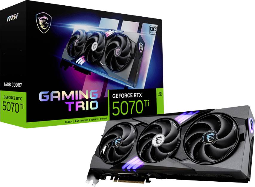 Verpackung und Grafikkarte des 'MSI GeForce RTX 5070 Ti Gaming Trio' mit Dreifach-Lüfter-Design, mit Nachdruck auf fortschrittlicher Spieleleistung.
