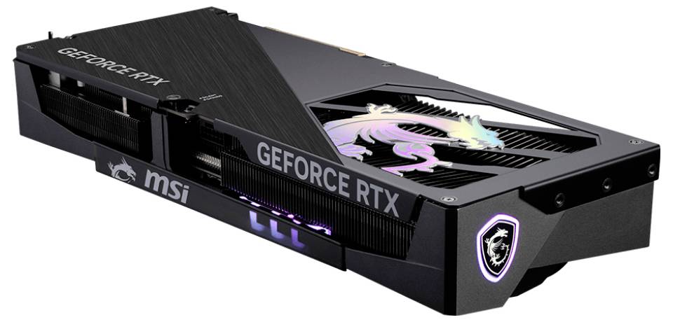 Eine schwarze MSI GeForce RTX Grafikkarte mit RGB-Beleuchtung und einem Drachenlogo an ihrer Seite, die ihr elegantes Design und ihre Markenidentität präsentiert.