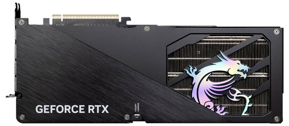 Eine Grafikkarte mit einem Metallgehäuse, die ein farbenfrohen Drachendesign trägt und seitlich mit 'GEFORCE RTX' beschriftet ist.