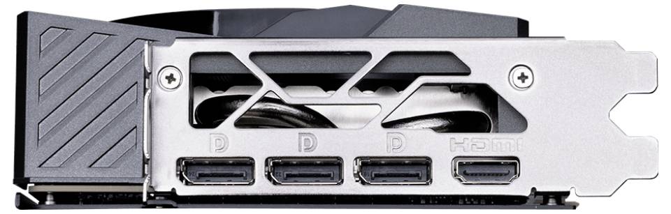 Eine Grafikkarte mit drei DisplayPort- und einem HDMI-Ausgang, entwickelt für den Anschluss mehrerer Monitore oder Geräte.