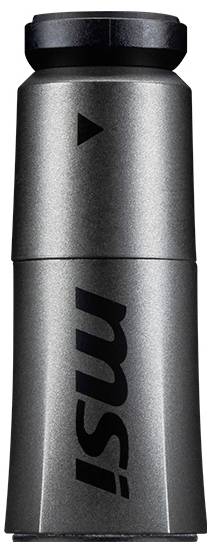 Ein metallischer MSI Gaming-Mikrofonadapter mit einer zylindrischen Form und einem kleinen Pfeil, der auf seiner Oberfläche die Richtung anzeigt.