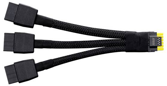 Ein dreifacher 8-Pin zu einzelnem 12-Pin schwarzes geflochtenes GPU-Stromadapterkabel, entwickelt zum Anschluss einer Grafikkarte an ein Netzteil.