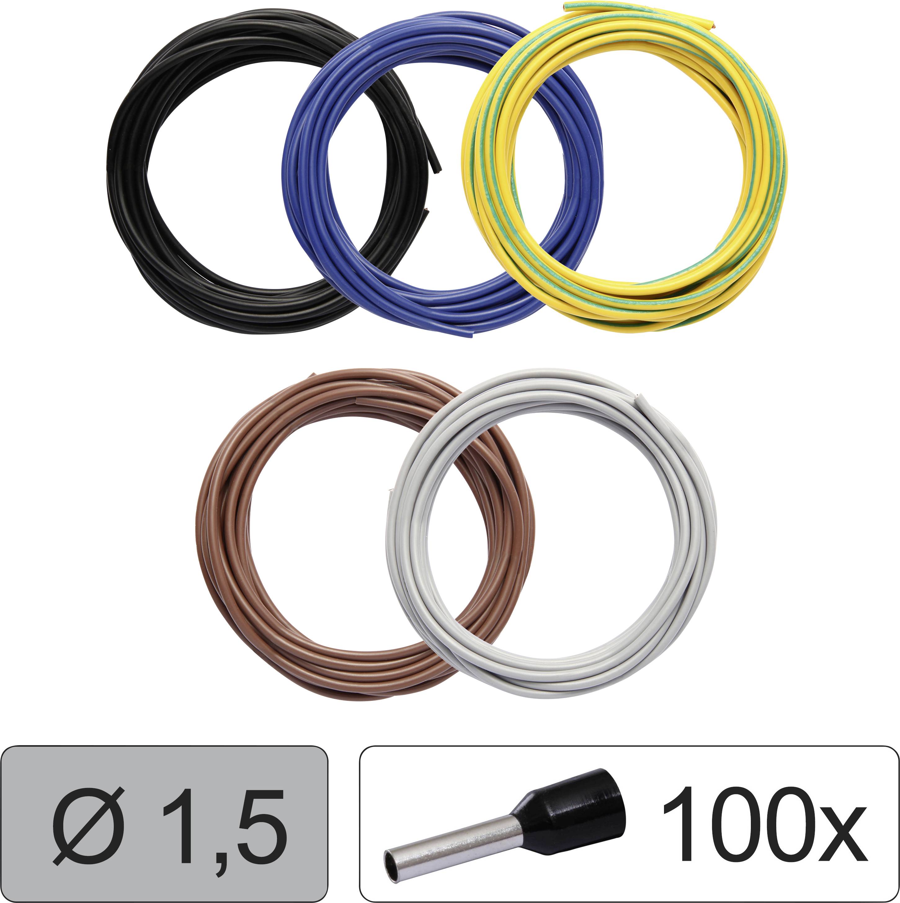 Vier Kabel in Schwarz, Blau, Gelb-Grün, Braun und Grau. Unten: Symbol für Durchmesser 1,5 mm, daneben 100 Aderendhülsen.