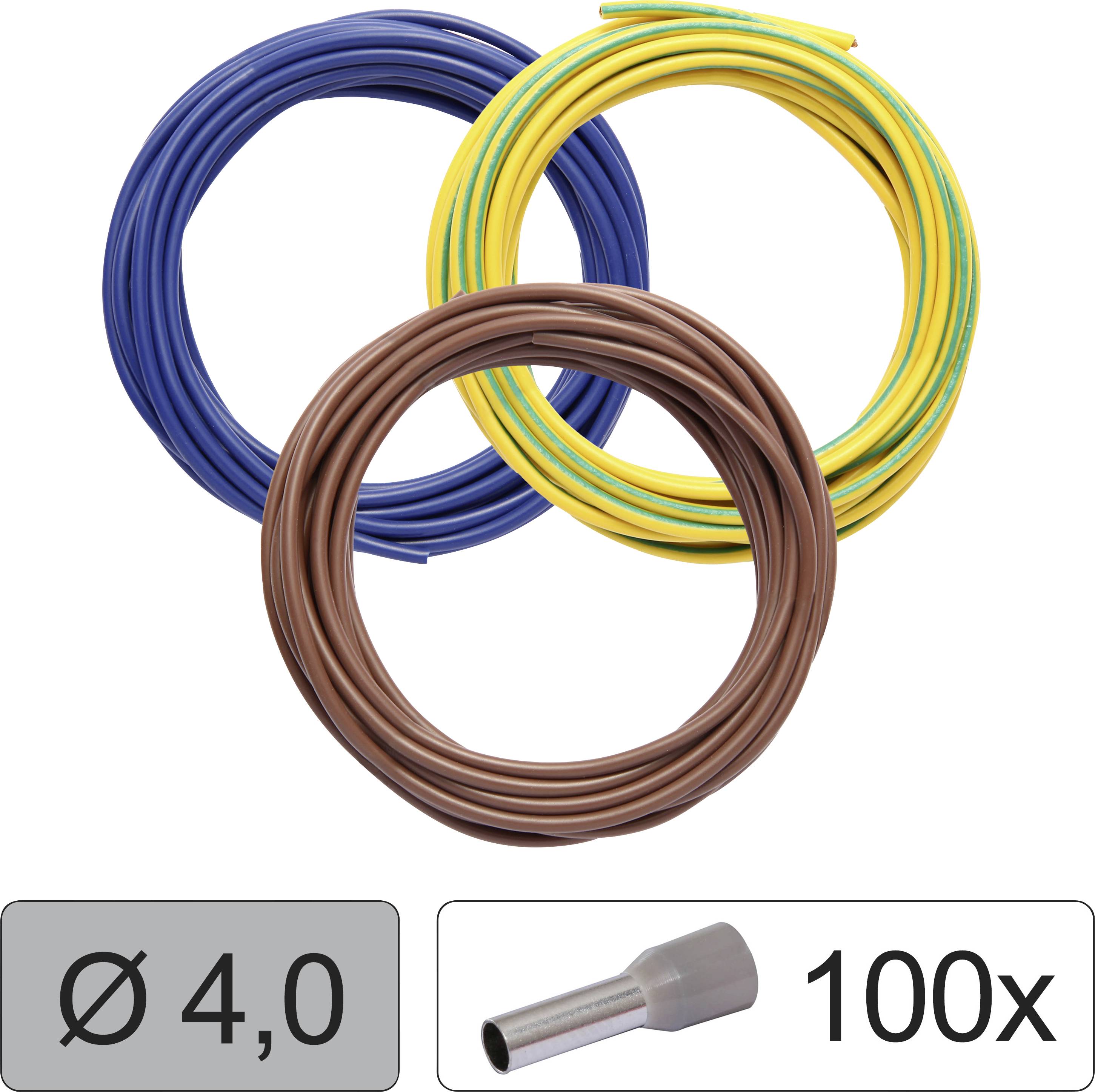 Drei Kabelringe in Blau, Gelb-Grün und Braun. Darunter Symbol für Kabelschuh und Text 'Ø 4,0' und '100x'.