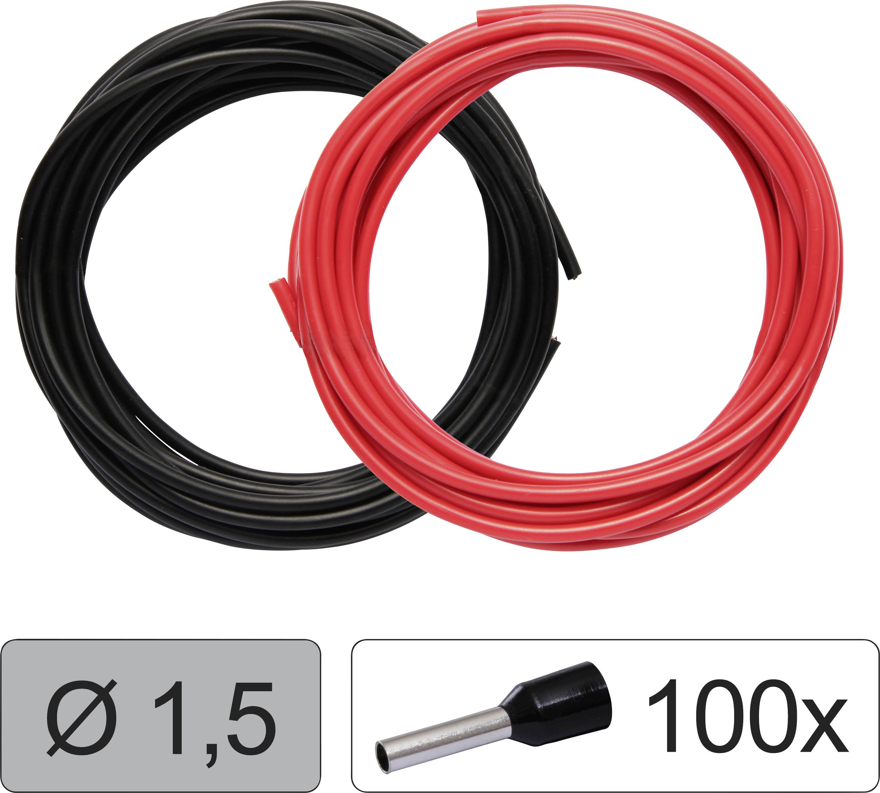 Zwei Kabelbündel in Schwarz und Rot, jeweils mit einem Querschnitt von 1,5 mm², daneben 100 schwarze Kabelendhülsen.
