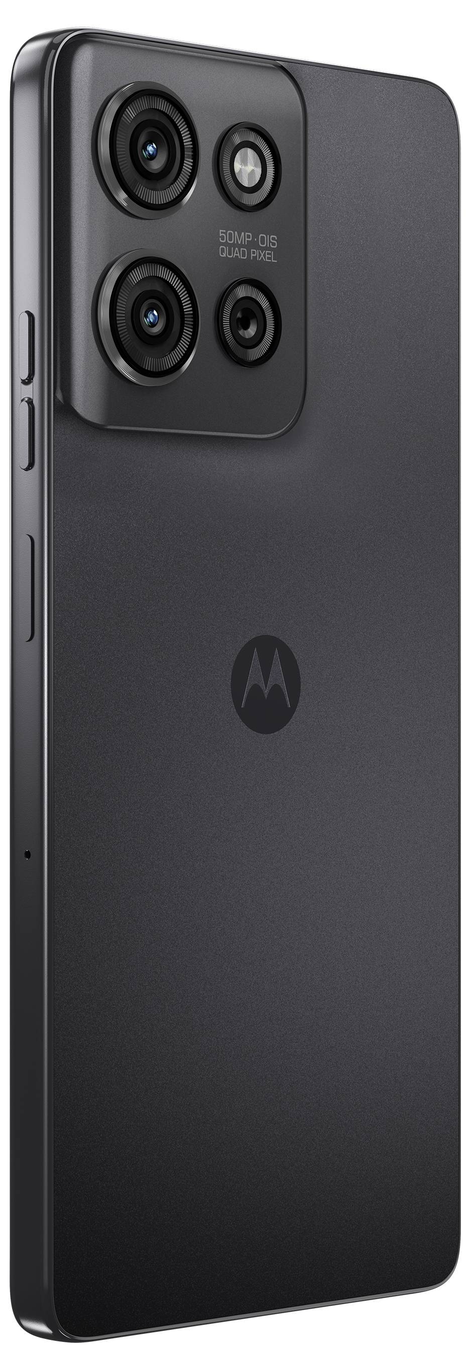 Ein Smartphone mit drei Kameras auf der Rückseite und einem schlanken Design. Es hat ein dunkles Gehäuse mit einem Motorola-Logo.
