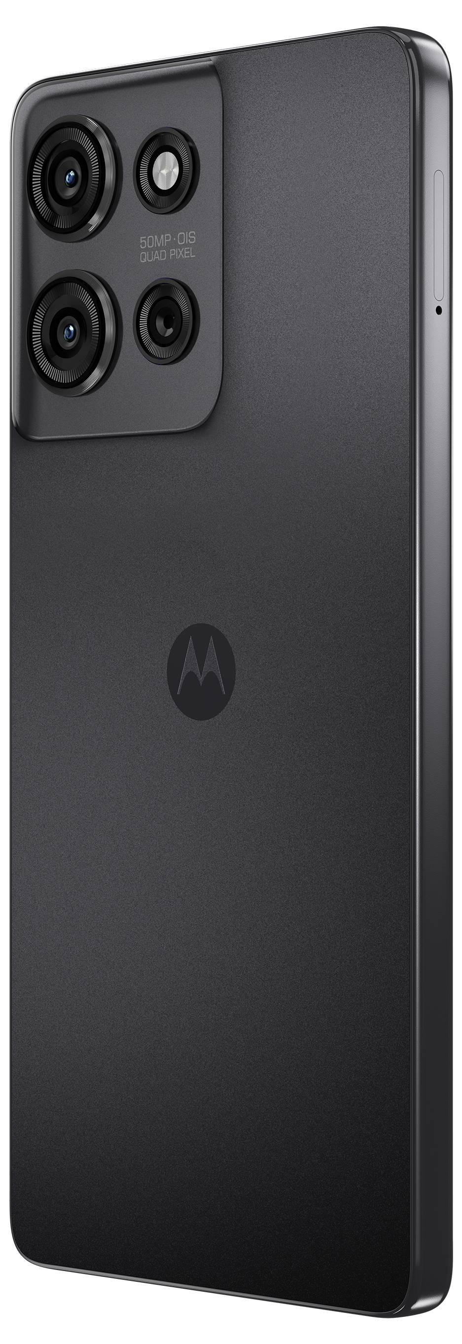 Ein modernes Smartphone in Grautönen mit drei Kameraobjektiven und dem Motorola-Logo auf der Rückseite. Das Design ist schlicht und elegant.