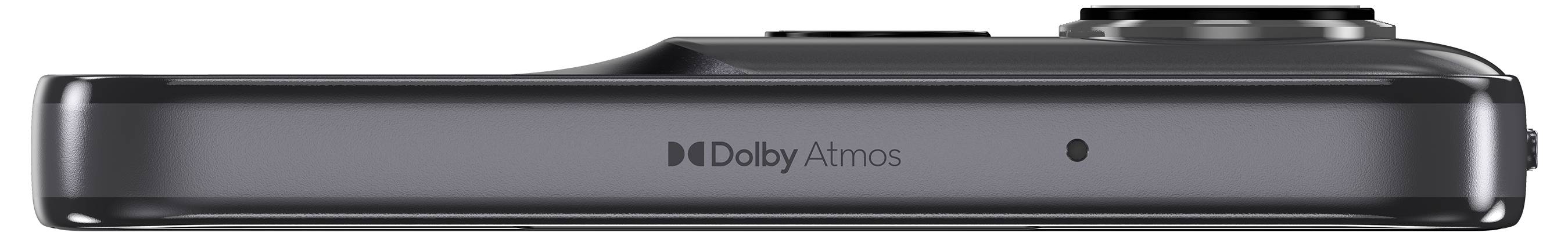 Seitenansicht eines schwarzen Smartphones mit Dolby Atmos Logo, Kamera oben sichtbar.