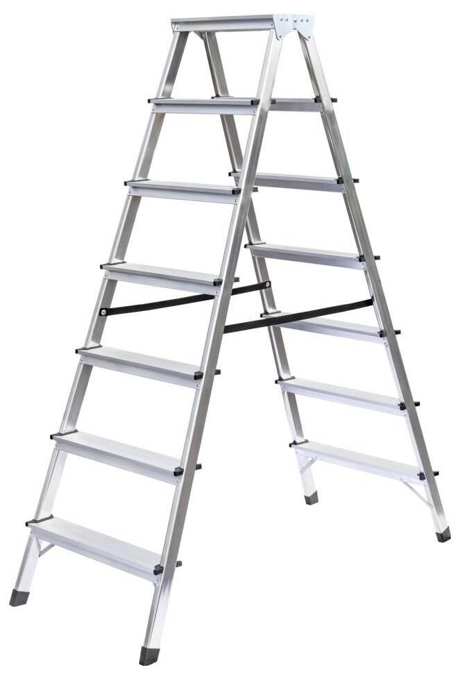 Metall-Leiter mit acht Sprossen in A-Form, geeignet für den Innen- und Außeneinsatz.