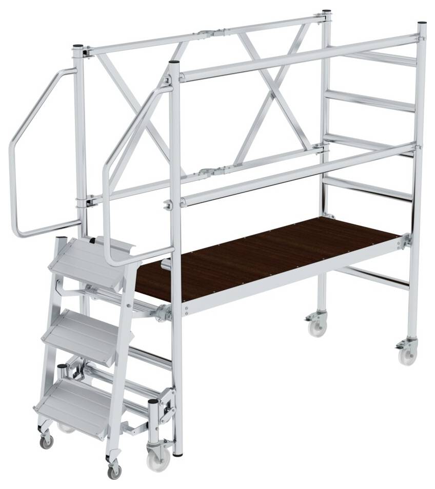 Ein zusammenklappbares, mobiles Aluminium-Gerüst mit drei Stufen, einer Plattform und Rollen für den einfachen Transport und vielseitigen Einsatz.